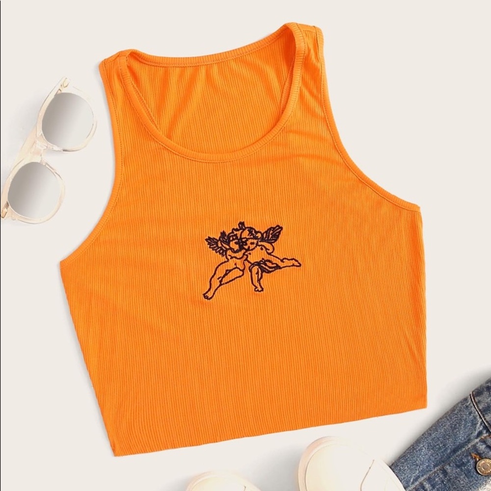 Embroidered Cherub Graphic Cropped Tank Top